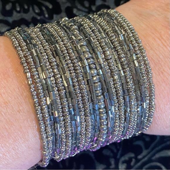 Multi sized pewter colored glass beaded cuff, GUC, 2 1/2”x 2 1/2” bold piece - Picture 1 of 6